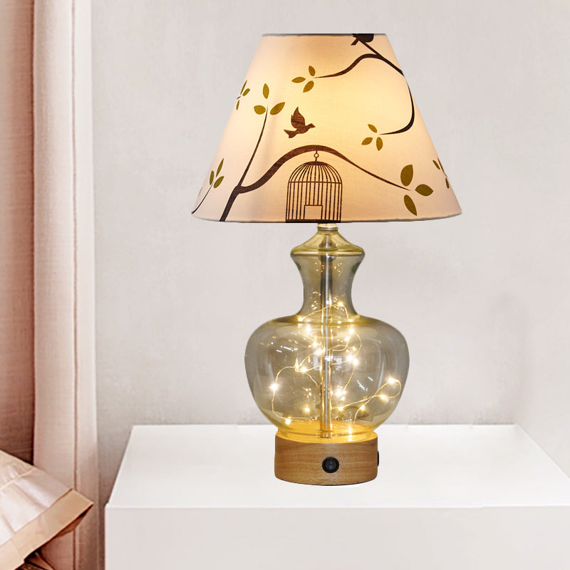 Clear Glass Urn/Diamond Night Lamp Contemporary 1-Bulb Bedroom Table Light with Cone Printing Fabric Shade Clearhalo 'Lamps' 'Table Lamps' Lighting' 786410