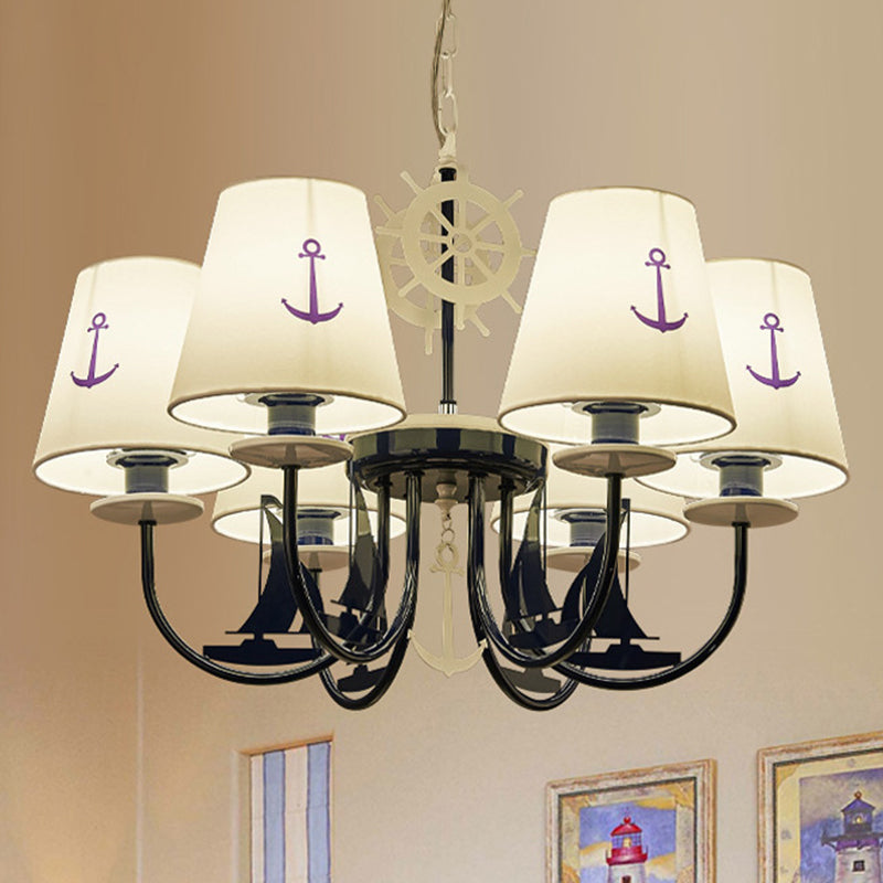 5/6-Light Bedroom Hanging Chandelier Mediterranean Blue Ceiling Suspension Lamp with Barrel Fabric Shade Clearhalo 'Ceiling Lights' 'Chandeliers' Lighting' options 786447