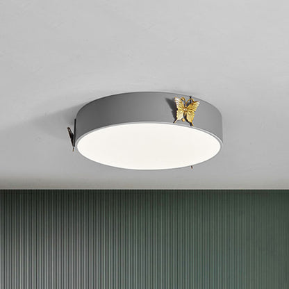 Drum Ceiling Mounted Light Nordic Metal LED Bedroom Flush Lamp Fixture in Grey with Butterfly Deco, White/Warm Light Grey Clearhalo 'Ceiling Lights' 'Close To Ceiling Lights' 'Close to ceiling' 'Flush mount' Lighting' 786493