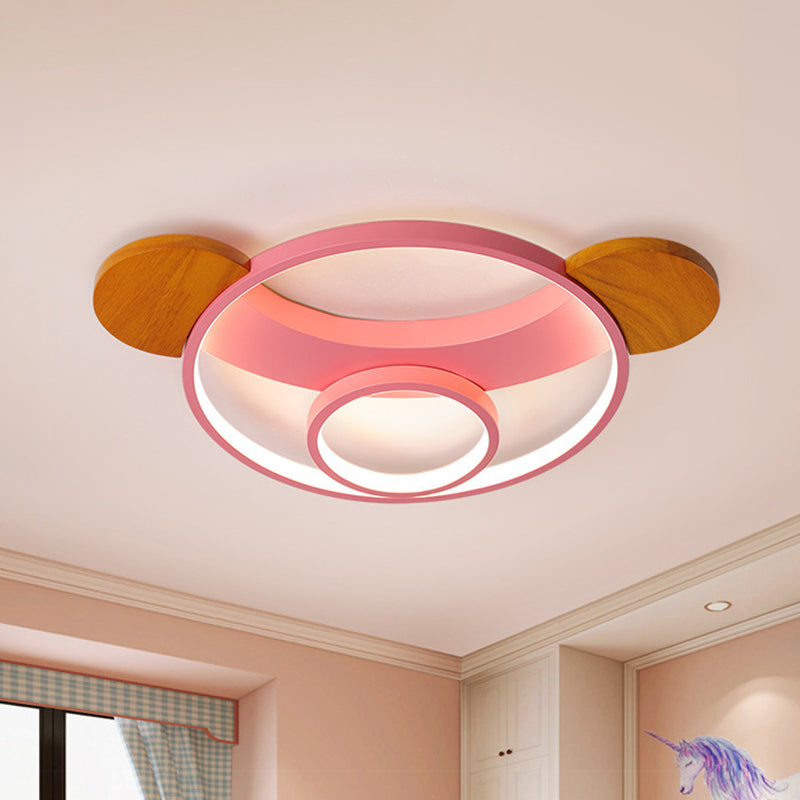 16"/19.5" W Bear Head Shape Flush Lamp Cartoon Metal LED Bedroom Flush Mount in Pink/Blue and Wood, Warm/White Light Pink Clearhalo 'Ceiling Lights' 'Close To Ceiling Lights' 'Close to ceiling' 'Flush mount' Lighting' 786525
