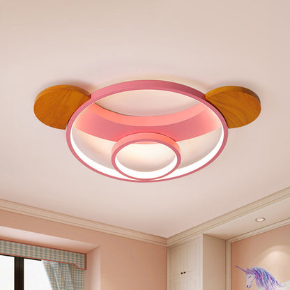 16"/19.5" W Bear Head Shape Flush Lamp Cartoon Metal LED Bedroom Flush Mount in Pink/Blue and Wood, Warm/White Light Pink Clearhalo 'Ceiling Lights' 'Close To Ceiling Lights' 'Close to ceiling' 'Flush mount' Lighting' 786525