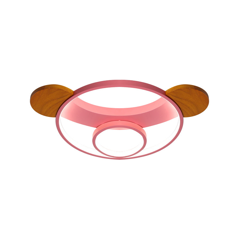 16"/19.5" W Bear Head Shape Flush Lamp Cartoon Metal LED Bedroom Flush Mount in Pink/Blue and Wood, Warm/White Light Clearhalo 'Ceiling Lights' 'Close To Ceiling Lights' 'Close to ceiling' 'Flush mount' Lighting' 786528