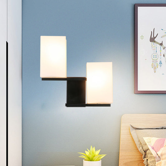 Opal Frosted Glass Rectangle Sconce Nordic Style 2 Bulbs White/Black Wall Mount Light Fixture Clearhalo 'Cast Iron' 'Glass' 'Industrial' 'Modern wall lights' 'Modern' 'Tiffany' 'Traditional wall lights' 'Wall Lamps & Sconces' 'Wall Lights' Lighting' 786597