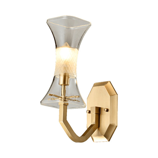 Brass Curvy Wall Mount Lamp Postmodern 1 Head Clear and Frosted Glass Sconce Light for Parlor Clearhalo 'Cast Iron' 'Glass' 'Industrial' 'Modern wall lights' 'Modern' 'Tiffany' 'Traditional wall lights' 'Wall Lamps & Sconces' 'Wall Lights' Lighting' 786616