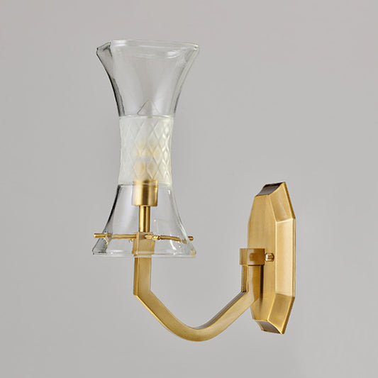 Brass Curvy Wall Mount Lamp Postmodern 1 Head Clear and Frosted Glass Sconce Light for Parlor Clearhalo 'Cast Iron' 'Glass' 'Industrial' 'Modern wall lights' 'Modern' 'Tiffany' 'Traditional wall lights' 'Wall Lamps & Sconces' 'Wall Lights' Lighting' 786617