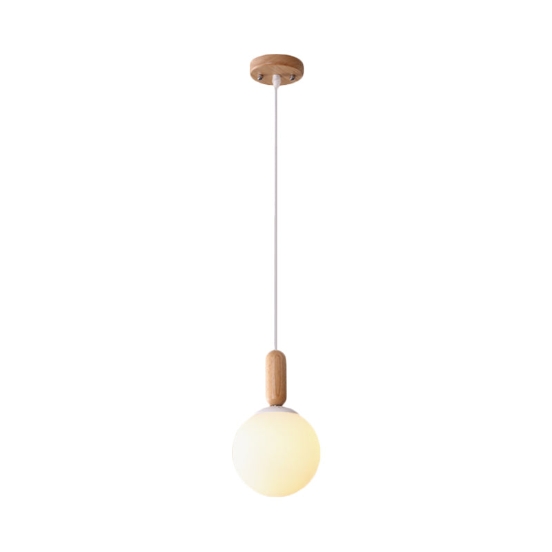 Sphere Kitchen Pendant Lighting White/Cognac Glass 1 Light Minimalist Hanging Lamp with Capsule Wood Grip Clearhalo 'Ceiling Lights' 'Glass shade' 'Glass' 'Modern Pendants' 'Modern' 'Pendant Lights' 'Pendants' Lighting' 786697