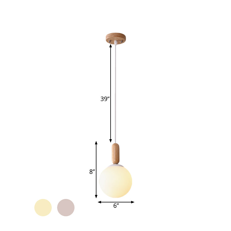 Sphere Kitchen Pendant Lighting White/Cognac Glass 1 Light Minimalist Hanging Lamp with Capsule Wood Grip Clearhalo 'Ceiling Lights' 'Glass shade' 'Glass' 'Modern Pendants' 'Modern' 'Pendant Lights' 'Pendants' Lighting' 786698