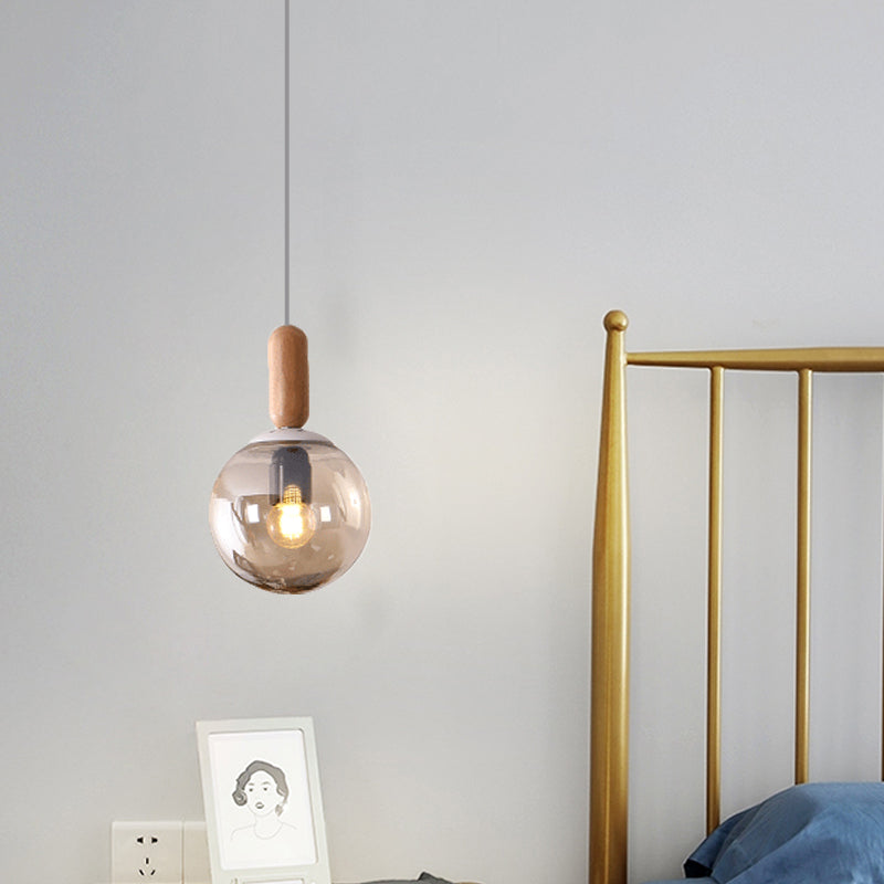 Sphere Kitchen Pendant Lighting White/Cognac Glass 1 Light Minimalist Hanging Lamp with Capsule Wood Grip Clearhalo 'Ceiling Lights' 'Glass shade' 'Glass' 'Modern Pendants' 'Modern' 'Pendant Lights' 'Pendants' Lighting' 786701