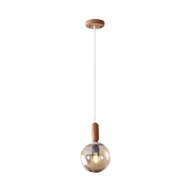 Sphere Kitchen Pendant Lighting White/Cognac Glass 1 Light Minimalist Hanging Lamp with Capsule Wood Grip Clearhalo 'Ceiling Lights' 'Glass shade' 'Glass' 'Modern Pendants' 'Modern' 'Pendant Lights' 'Pendants' Lighting' 786702