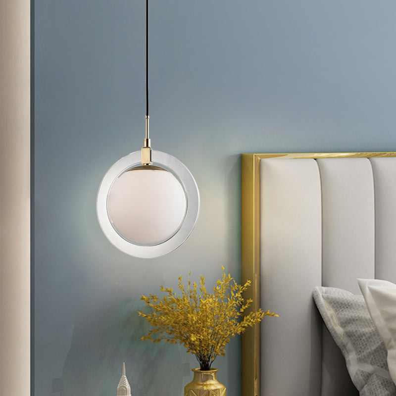 Globe Hanging Pendant Light Minimalist White Glass Single Bedside Suspended Lighting Fixture with Ring Arm Clearhalo 'Ceiling Lights' 'Glass shade' 'Glass' 'Modern Pendants' 'Modern' 'Pendant Lights' 'Pendants' Lighting' 786708