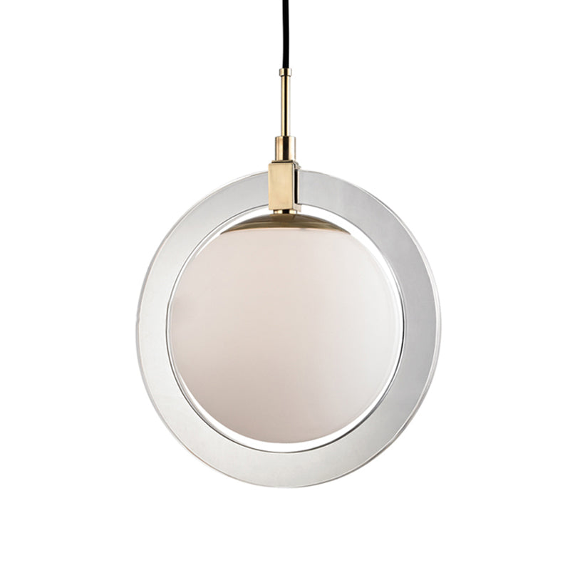 Globe Hanging Pendant Light Minimalist White Glass Single Bedside Suspended Lighting Fixture with Ring Arm Clearhalo 'Ceiling Lights' 'Glass shade' 'Glass' 'Modern Pendants' 'Modern' 'Pendant Lights' 'Pendants' Lighting' 786709