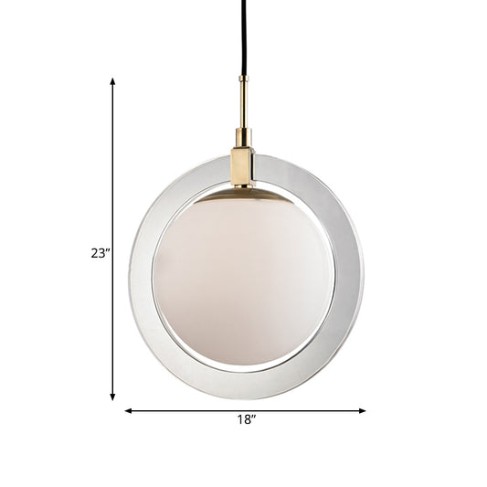 Globe Hanging Pendant Light Minimalist White Glass Single Bedside Suspended Lighting Fixture with Ring Arm Clearhalo 'Ceiling Lights' 'Glass shade' 'Glass' 'Modern Pendants' 'Modern' 'Pendant Lights' 'Pendants' Lighting' 786710