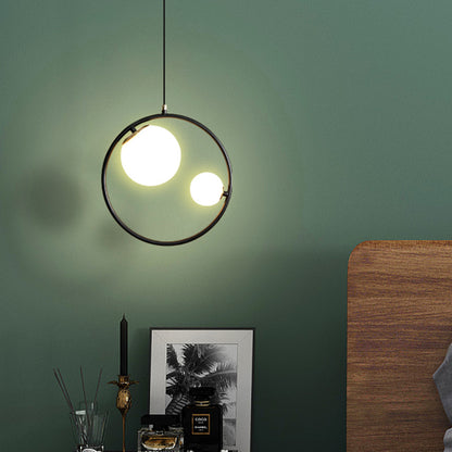 Black Loop Pendant Chandelier Contemporary 2 Lights Metal Hanging Light with Ball Opaline Glass Lamp Shade Black Clearhalo 'Ceiling Lights' 'Chandeliers' 'Modern Chandeliers' 'Modern' Lighting' 786711