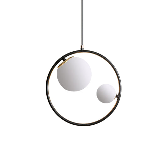 Black Loop Pendant Chandelier Contemporary 2 Lights Metal Hanging Light with Ball Opaline Glass Lamp Shade Clearhalo 'Ceiling Lights' 'Chandeliers' 'Modern Chandeliers' 'Modern' Lighting' 786712