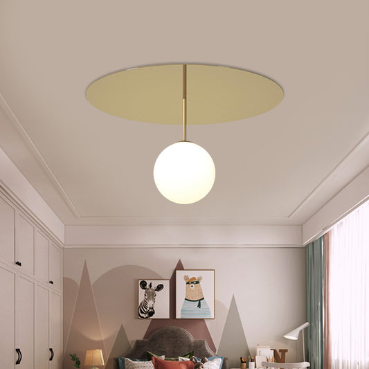 Cream Glass Ball Semi Flush Light Fixture Simple 1 Head Gold Ceiling Mount Lamp with Disc Canopy Clearhalo 'Ceiling Lights' 'Close To Ceiling Lights' 'Close to ceiling' 'Glass shade' 'Glass' 'Semi-flushmount' Lighting' 786788