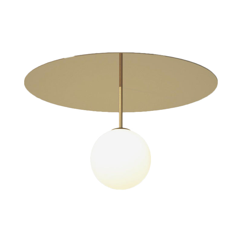Cream Glass Ball Semi Flush Light Fixture Simple 1 Head Gold Ceiling Mount Lamp with Disc Canopy Clearhalo 'Ceiling Lights' 'Close To Ceiling Lights' 'Close to ceiling' 'Glass shade' 'Glass' 'Semi-flushmount' Lighting' 786789