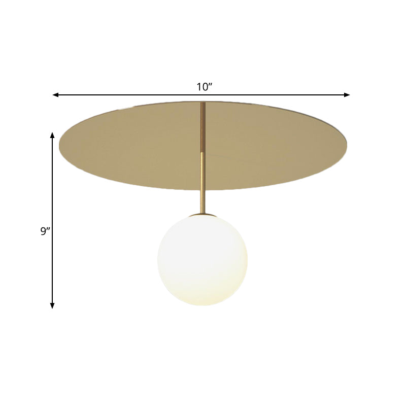 Cream Glass Ball Semi Flush Light Fixture Simple 1 Head Gold Ceiling Mount Lamp with Disc Canopy Clearhalo 'Ceiling Lights' 'Close To Ceiling Lights' 'Close to ceiling' 'Glass shade' 'Glass' 'Semi-flushmount' Lighting' 786790