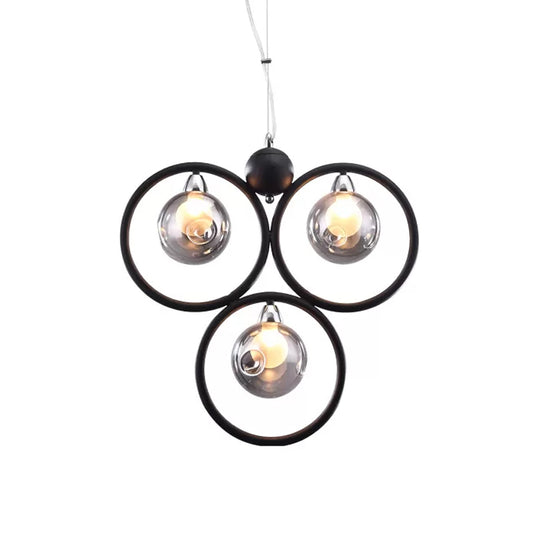 Smoke Grey Glass Dimpled Ball Drop Lamp Modern 3 Bulbs Pendant Chandelier with Black Hoop Arm Clearhalo 'Ceiling Lights' 'Chandeliers' 'Modern Chandeliers' 'Modern' Lighting' 786804