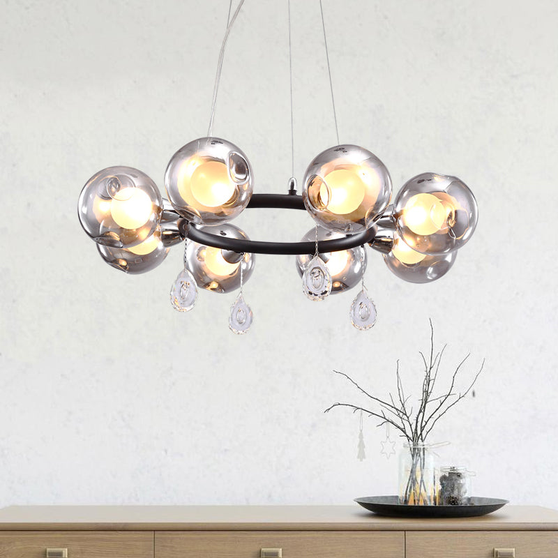 Circular Smoke Grey Glass Orb Pendant Modernism 8 Lights Black Chandelier with Droplet Smoke Gray Clearhalo 'Ceiling Lights' 'Chandeliers' 'Modern Chandeliers' 'Modern' Lighting' 786807