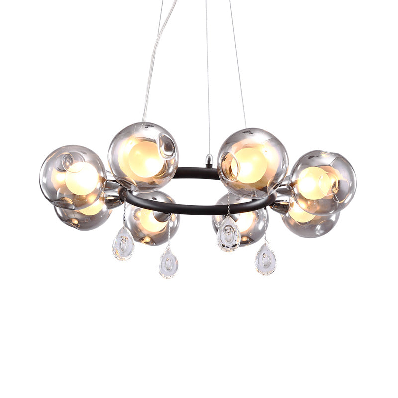 Circular Smoke Grey Glass Orb Pendant Modernism 8 Lights Black Chandelier with Droplet Clearhalo 'Ceiling Lights' 'Chandeliers' 'Modern Chandeliers' 'Modern' Lighting' 786808
