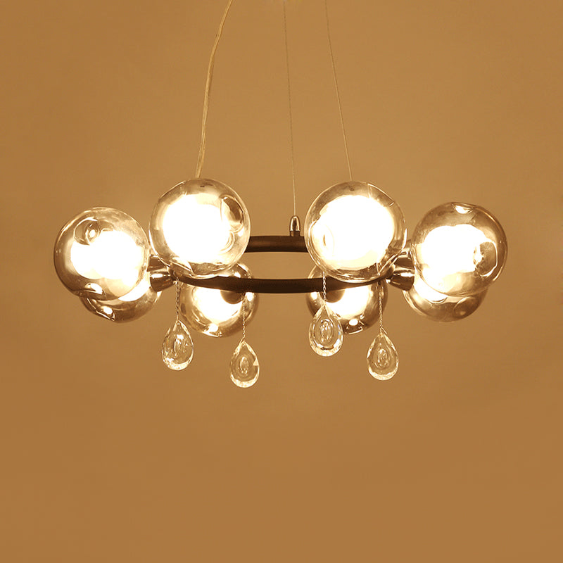 Circular Smoke Grey Glass Orb Pendant Modernism 8 Lights Black Chandelier with Droplet Clearhalo 'Ceiling Lights' 'Chandeliers' 'Modern Chandeliers' 'Modern' Lighting' 786809