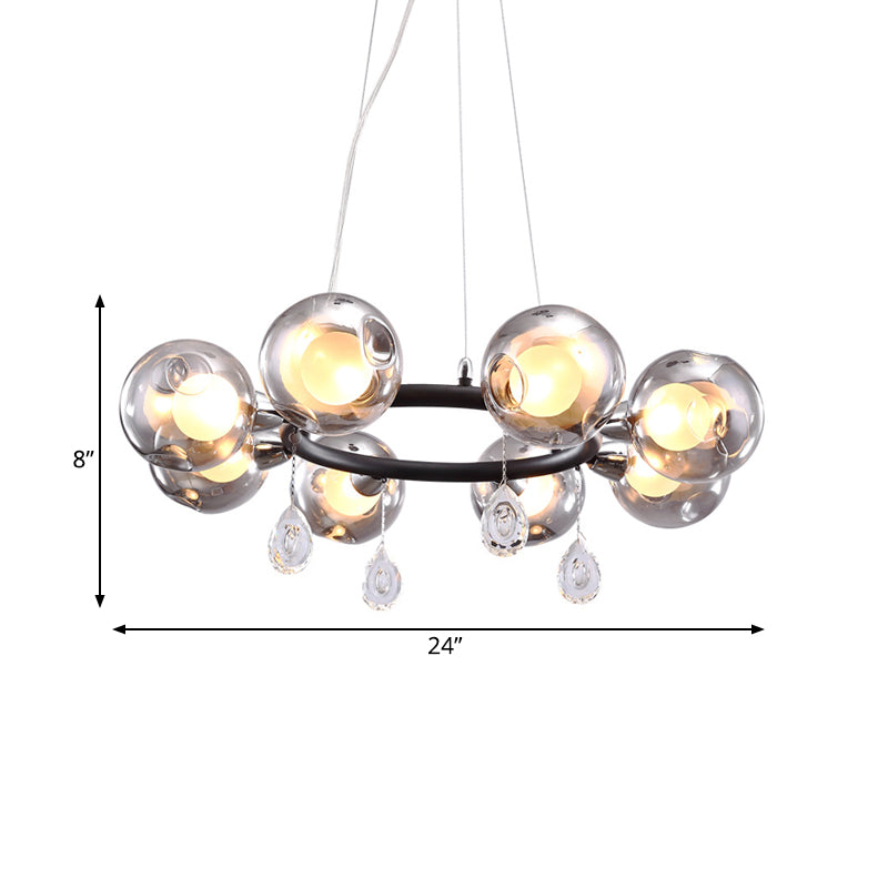 Circular Smoke Grey Glass Orb Pendant Modernism 8 Lights Black Chandelier with Droplet Clearhalo 'Ceiling Lights' 'Chandeliers' 'Modern Chandeliers' 'Modern' Lighting' 786810