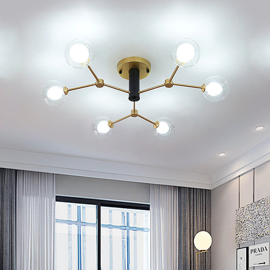 Postmodern Molecule Ceiling Light Clear and White Glass 6 Heads Bedroom Semi Flush Mount Lighting in Gold Gold Clearhalo 'Ceiling Lights' 'Close To Ceiling Lights' 'Close to ceiling' 'Glass shade' 'Glass' 'Pendant Lights' 'Semi-flushmount' Lighting' 786811