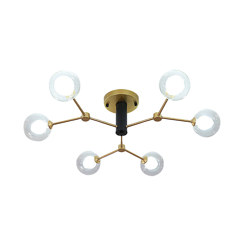Postmodern Molecule Ceiling Light Clear and White Glass 6 Heads Bedroom Semi Flush Mount Lighting in Gold Clearhalo 'Ceiling Lights' 'Close To Ceiling Lights' 'Close to ceiling' 'Glass shade' 'Glass' 'Pendant Lights' 'Semi-flushmount' Lighting' 786812