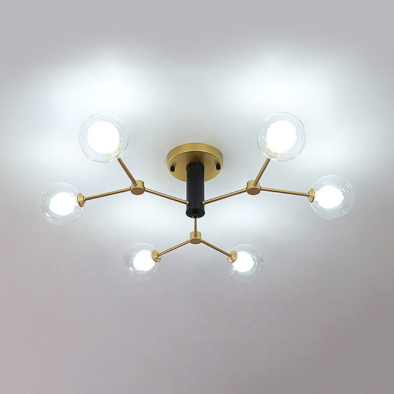 Postmodern Molecule Ceiling Light Clear and White Glass 6 Heads Bedroom Semi Flush Mount Lighting in Gold Clearhalo 'Ceiling Lights' 'Close To Ceiling Lights' 'Close to ceiling' 'Glass shade' 'Glass' 'Pendant Lights' 'Semi-flushmount' Lighting' 786813