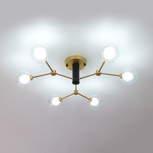 Postmodern Molecule Ceiling Light Clear and White Glass 6 Heads Bedroom Semi Flush Mount Lighting in Gold Clearhalo 'Ceiling Lights' 'Close To Ceiling Lights' 'Close to ceiling' 'Glass shade' 'Glass' 'Pendant Lights' 'Semi-flushmount' Lighting' 786813