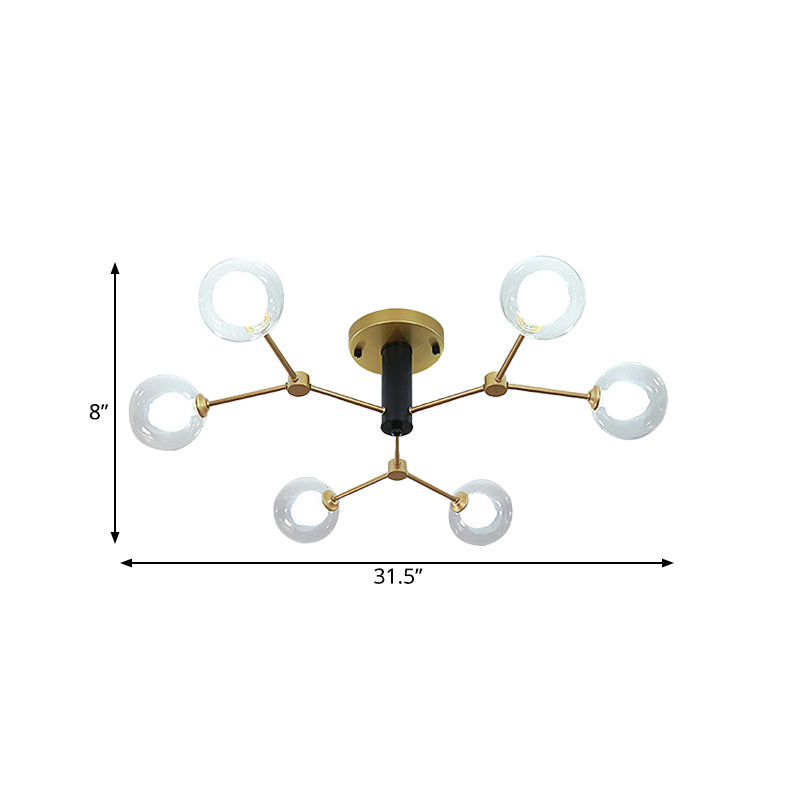 Postmodern Molecule Ceiling Light Clear and White Glass 6 Heads Bedroom Semi Flush Mount Lighting in Gold Clearhalo 'Ceiling Lights' 'Close To Ceiling Lights' 'Close to ceiling' 'Glass shade' 'Glass' 'Pendant Lights' 'Semi-flushmount' Lighting' 786814