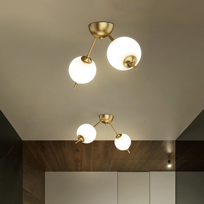 2/3 Lights Living Room Semi Flush Postmodern Brass Ceiling Mount Light with Branching Ivory Glass Shade Clearhalo 'Ceiling Lights' 'Close To Ceiling Lights' 'Close to ceiling' 'Glass shade' 'Glass' 'Semi-flushmount' Lighting' 786873