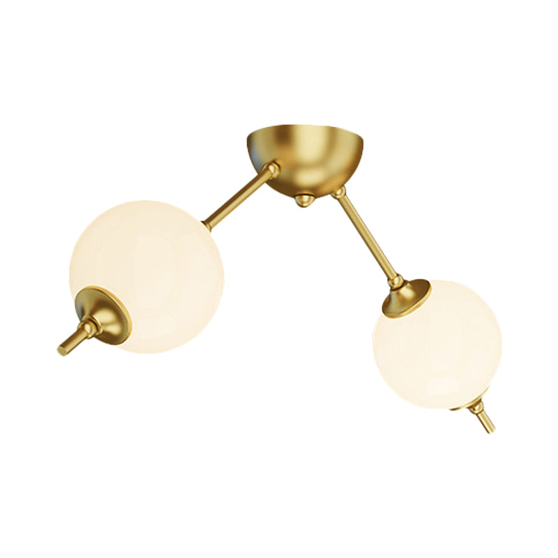 2/3 Lights Living Room Semi Flush Postmodern Brass Ceiling Mount Light with Branching Ivory Glass Shade Clearhalo 'Ceiling Lights' 'Close To Ceiling Lights' 'Close to ceiling' 'Glass shade' 'Glass' 'Semi-flushmount' Lighting' 786874