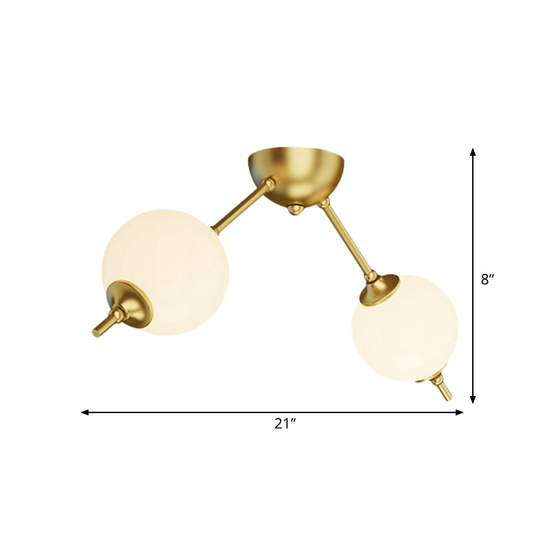 2/3 Lights Living Room Semi Flush Postmodern Brass Ceiling Mount Light with Branching Ivory Glass Shade Clearhalo 'Ceiling Lights' 'Close To Ceiling Lights' 'Close to ceiling' 'Glass shade' 'Glass' 'Semi-flushmount' Lighting' 786875