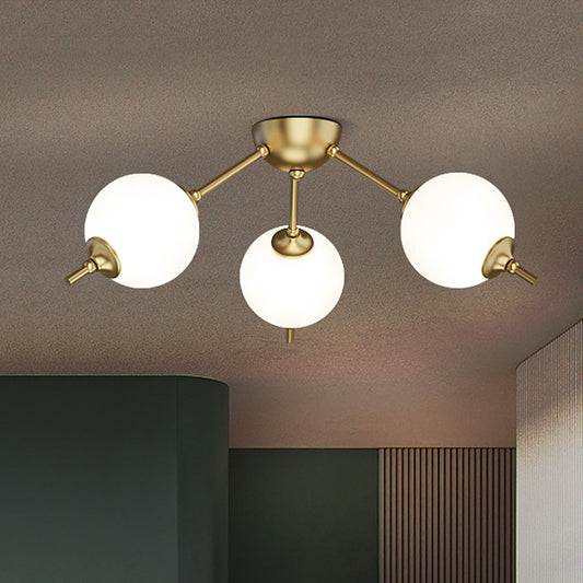 2/3 Lights Living Room Semi Flush Postmodern Brass Ceiling Mount Light with Branching Ivory Glass Shade 3 Brass Clearhalo 'Ceiling Lights' 'Close To Ceiling Lights' 'Close to ceiling' 'Glass shade' 'Glass' 'Semi-flushmount' Lighting' 786876