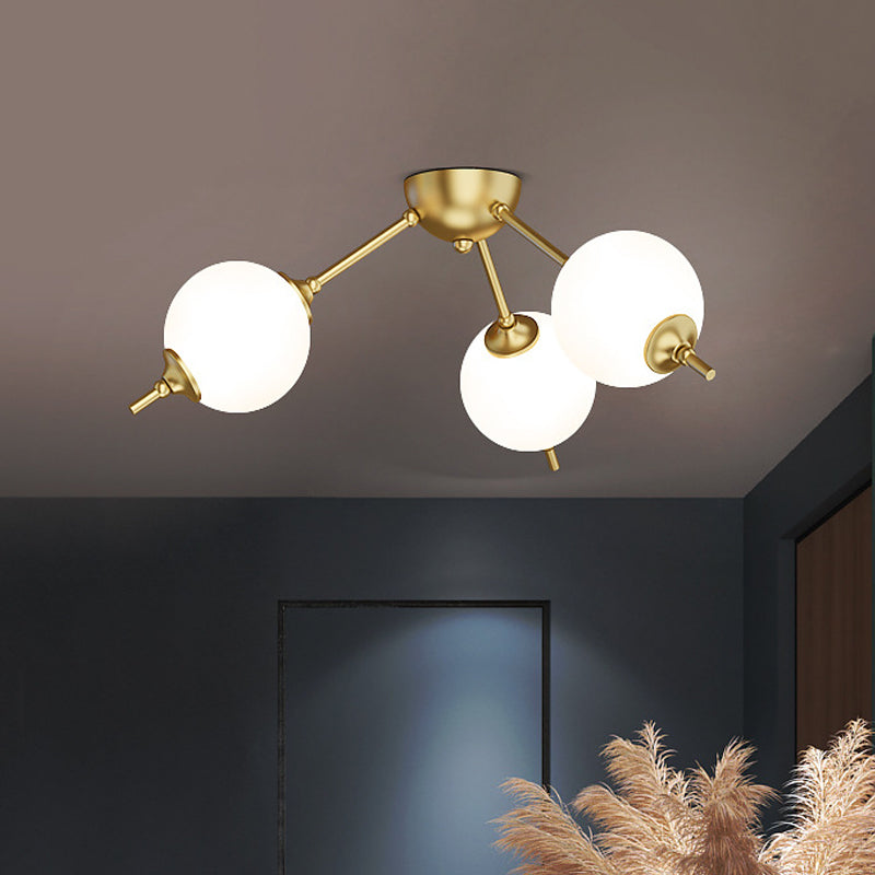 2/3 Lights Living Room Semi Flush Postmodern Brass Ceiling Mount Light with Branching Ivory Glass Shade Clearhalo 'Ceiling Lights' 'Close To Ceiling Lights' 'Close to ceiling' 'Glass shade' 'Glass' 'Semi-flushmount' Lighting' 786877