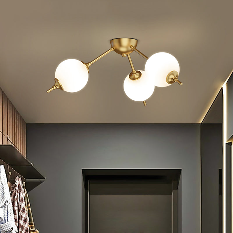 2/3 Lights Living Room Semi Flush Postmodern Brass Ceiling Mount Light with Branching Ivory Glass Shade Clearhalo 'Ceiling Lights' 'Close To Ceiling Lights' 'Close to ceiling' 'Glass shade' 'Glass' 'Semi-flushmount' Lighting' 786878