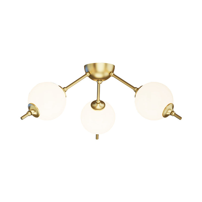 2/3 Lights Living Room Semi Flush Postmodern Brass Ceiling Mount Light with Branching Ivory Glass Shade Clearhalo 'Ceiling Lights' 'Close To Ceiling Lights' 'Close to ceiling' 'Glass shade' 'Glass' 'Semi-flushmount' Lighting' 786879