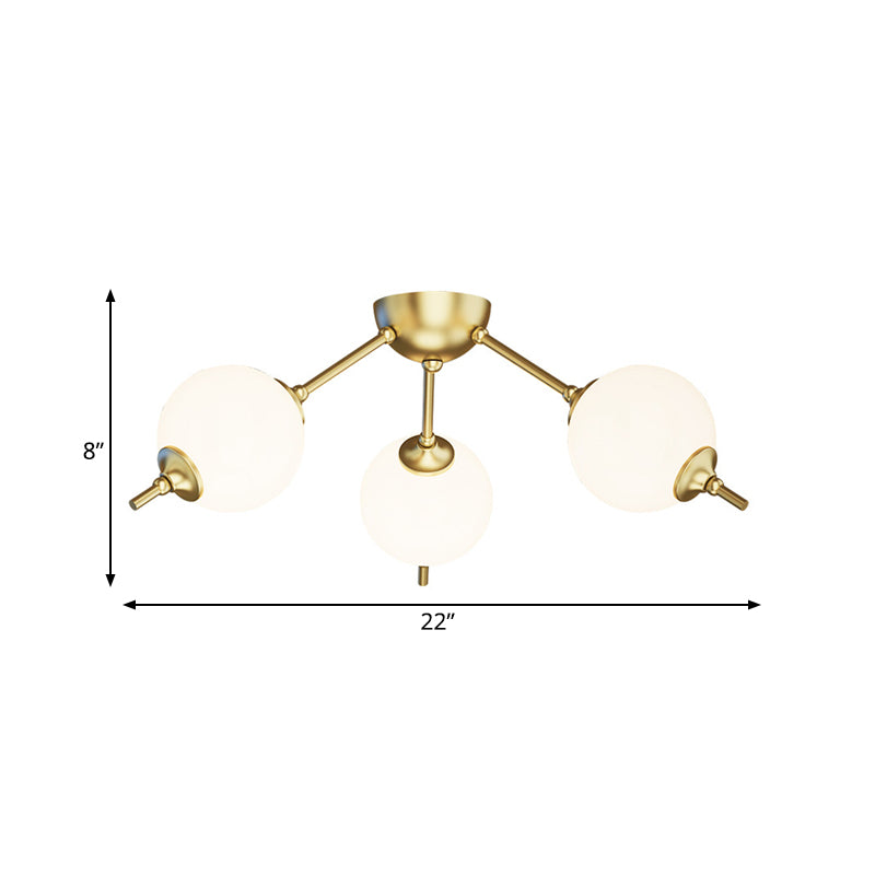 2/3 Lights Living Room Semi Flush Postmodern Brass Ceiling Mount Light with Branching Ivory Glass Shade Clearhalo 'Ceiling Lights' 'Close To Ceiling Lights' 'Close to ceiling' 'Glass shade' 'Glass' 'Semi-flushmount' Lighting' 786880