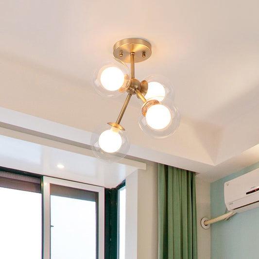 Branching Semi Flush Ceiling Light Postmodernist Transparent Glass 4-Light Bedroom Flush Mount Fixture in Brass Clearhalo 'Ceiling Lights' 'Close To Ceiling Lights' 'Close to ceiling' 'Glass shade' 'Glass' 'Semi-flushmount' Lighting' 786911
