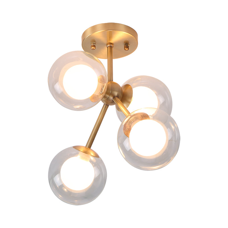 Branching Semi Flush Ceiling Light Postmodernist Transparent Glass 4-Light Bedroom Flush Mount Fixture in Brass Clearhalo 'Ceiling Lights' 'Close To Ceiling Lights' 'Close to ceiling' 'Glass shade' 'Glass' 'Semi-flushmount' Lighting' 786912