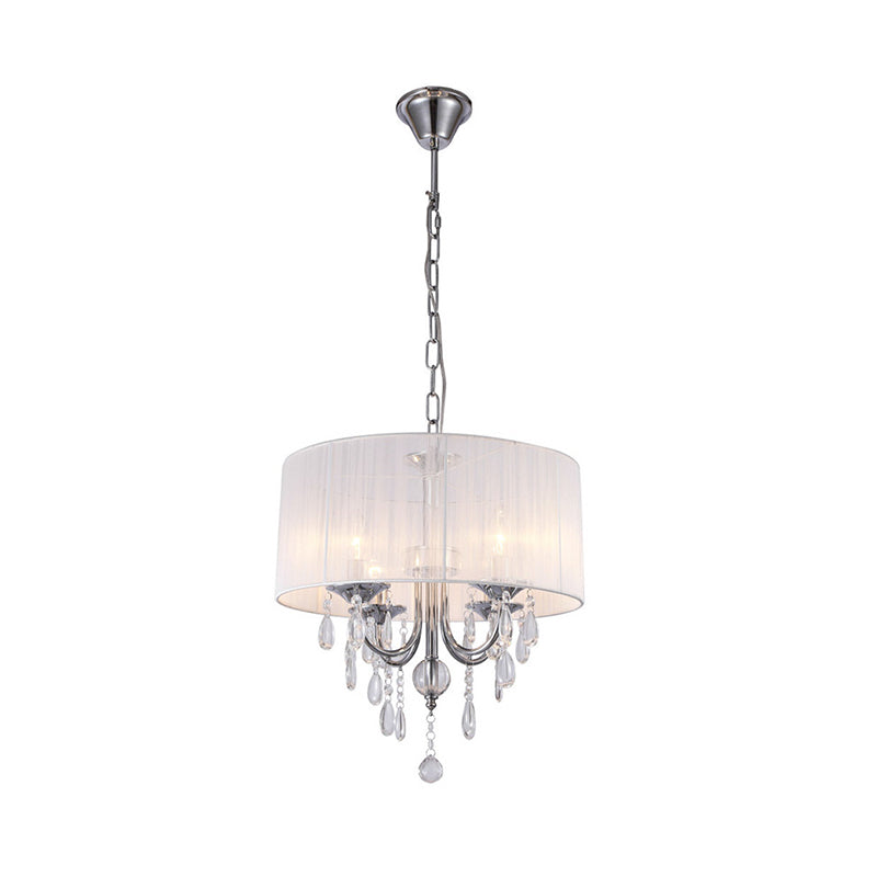 Drum Living Room Chandelier Lighting Fixture Simple Style Fabric 4 Lights Chrome Pendant Light Kit with Crystal Drop Clearhalo 'Ceiling Lights' 'Chandeliers' 'Modern Chandeliers' 'Modern' Lighting' 786927