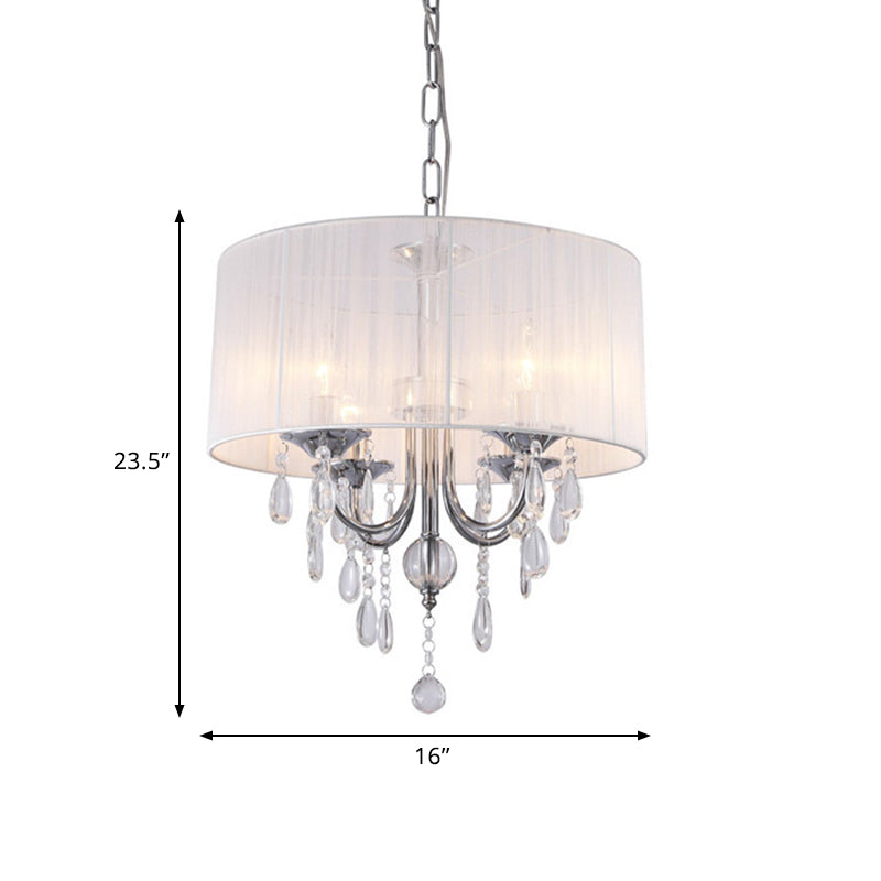 Drum Living Room Chandelier Lighting Fixture Simple Style Fabric 4 Lights Chrome Pendant Light Kit with Crystal Drop Clearhalo 'Ceiling Lights' 'Chandeliers' 'Modern Chandeliers' 'Modern' Lighting' 786929