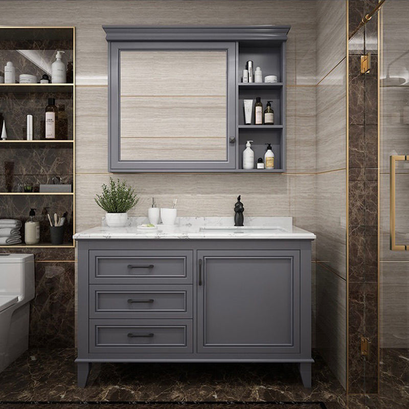 Modern Gray Sink Vanity Freestanding Wooden Bathroom Vanity with Drawers Vanity & Faucet & Mirror Cabinet Clearhalo 'Bathroom Remodel & Bathroom Fixtures' 'Bathroom Vanities' 'bathroom_vanities' 'Home Improvement' 'home_improvement' 'home_improvement_bathroom_vanities' 7871964
