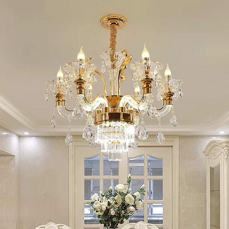 Clear Glass Candelabra Chandelier Traditional 6-Light Dining Room Ceiling Suspension Lamp in Gold with Cystal Accent Gold Clearhalo 'Ceiling Lights' 'Chandeliers' 'Modern Chandeliers' 'Modern' Lighting' 787259