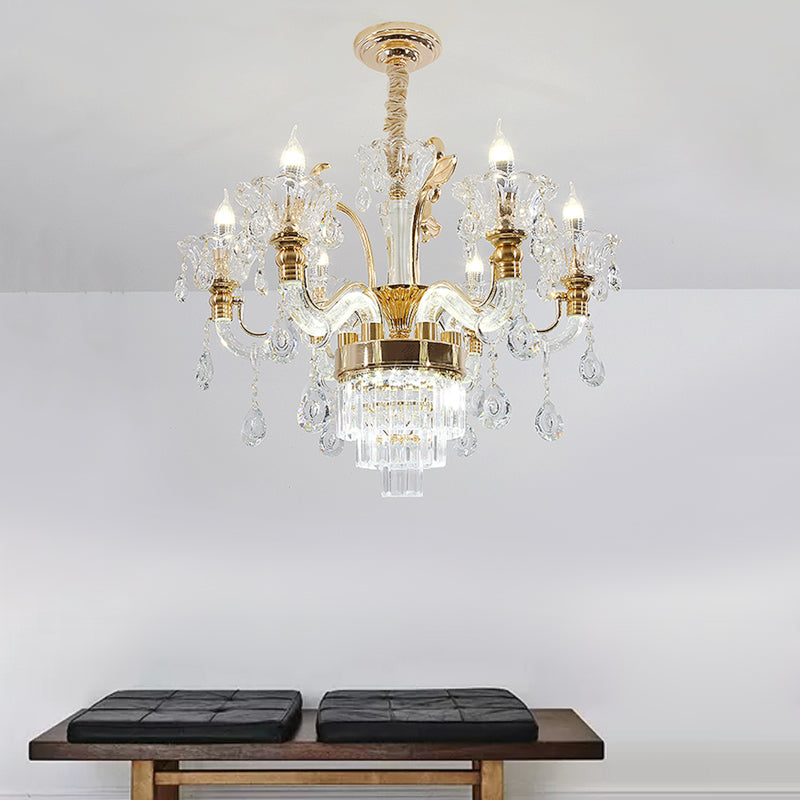 Clear Glass Candelabra Chandelier Traditional 6-Light Dining Room Ceiling Suspension Lamp in Gold with Cystal Accent Clearhalo 'Ceiling Lights' 'Chandeliers' 'Modern Chandeliers' 'Modern' Lighting' 787260