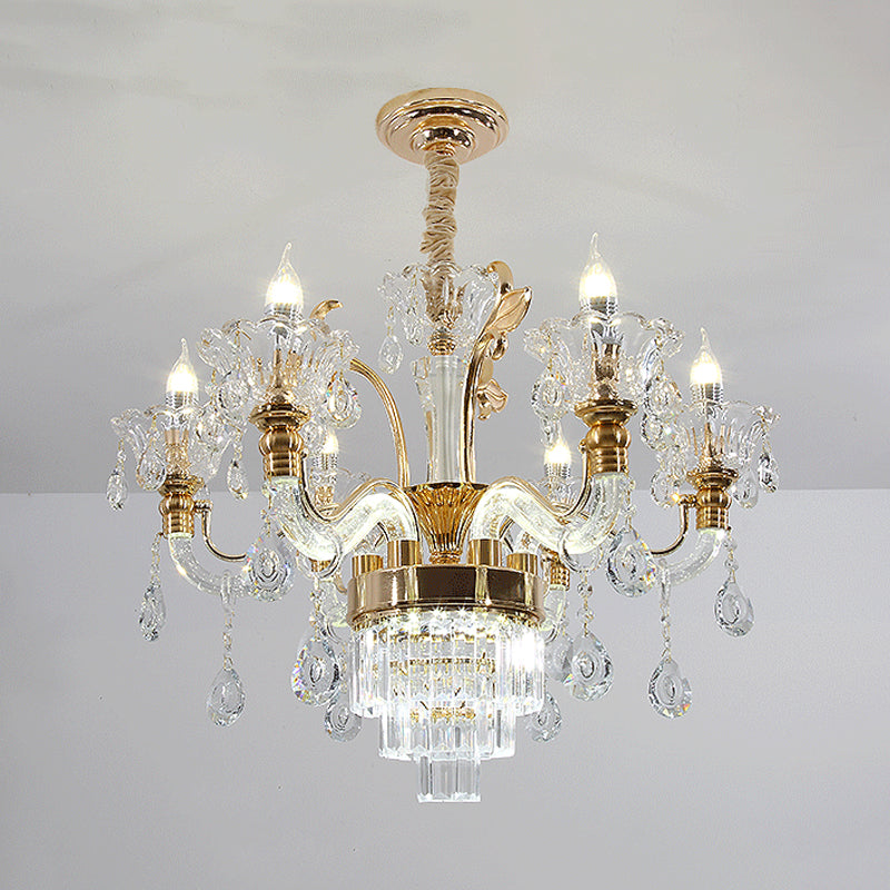 Clear Glass Candelabra Chandelier Traditional 6-Light Dining Room Ceiling Suspension Lamp in Gold with Cystal Accent Clearhalo 'Ceiling Lights' 'Chandeliers' 'Modern Chandeliers' 'Modern' Lighting' 787261