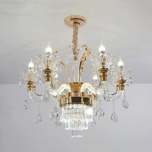 Clear Glass Candelabra Chandelier Traditional 6-Light Dining Room Ceiling Suspension Lamp in Gold with Cystal Accent Clearhalo 'Ceiling Lights' 'Chandeliers' 'Modern Chandeliers' 'Modern' Lighting' 787261