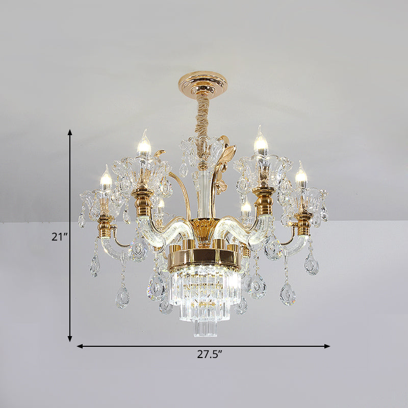 Clear Glass Candelabra Chandelier Traditional 6-Light Dining Room Ceiling Suspension Lamp in Gold with Cystal Accent Clearhalo 'Ceiling Lights' 'Chandeliers' 'Modern Chandeliers' 'Modern' Lighting' 787262