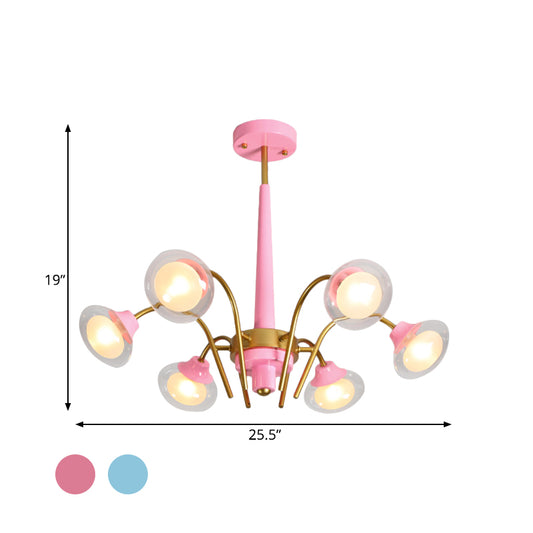 Drooping Hanging Chandelier Macaron Metal 6 Bulbs Kids Bedroom Ceiling Pendant in Pink/Blue with Double Ball Glass Shade Clearhalo 'Ceiling Lights' 'Chandeliers' Lighting' options 787270